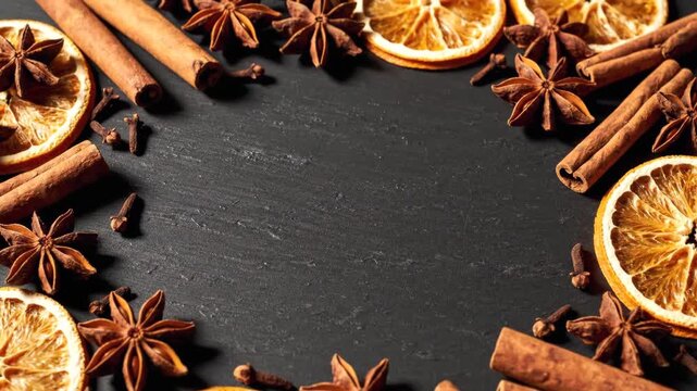 Festive Christmas spices frame with cinnamon, dried orange and star anise on a dark background with copy space