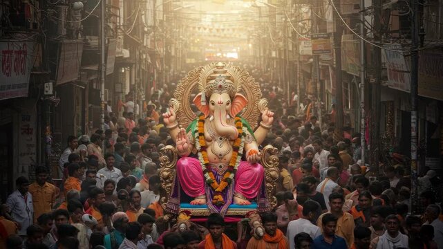 Religious procession of deity statue through crowded street warm lighting