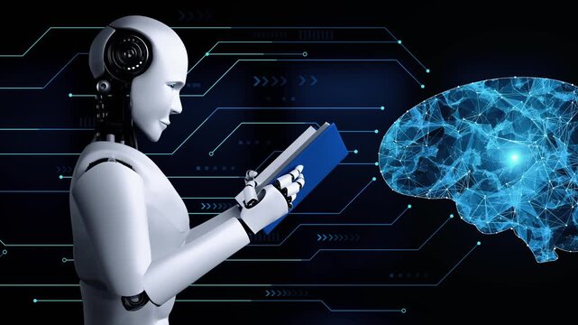 3D rendering of robot hominoid reading book in concept of future artificial intelligence and 4th fourth industrial revolution .
