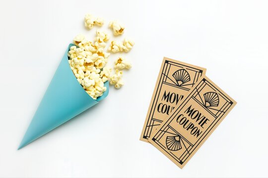 Popcorn And Movie Coupons Arranged On A White Surface, Featuring A Blue Paper Cone Filled With Popcorn And Two Movie Coupons Displayed Neatly For A Promotional Concept