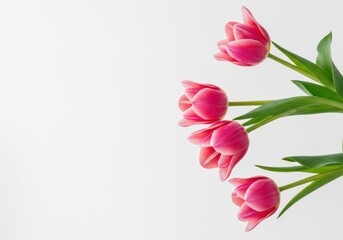 Fototapeta premium A delicate collection of vibrant pink tulips captured in a studio setting, isolated on a crisp white background, symbolizing springtime beauty and grace ,season ,stem ,Tulip