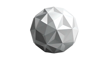A low-poly 3D sphere with varied grayscale triangular facets, isolated against a stark black background