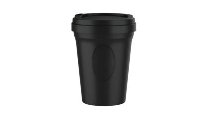 Black travel mug with a lid, on a black background. Simple design, good for mockups. Plain and minimalist