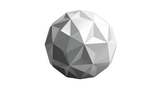 A low-poly 3D sphere with varied grayscale triangular facets, isolated against a stark black background - Powered by Adobe