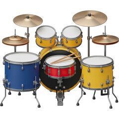 Colorful drum set with cymbals and drumsticks ready for music.