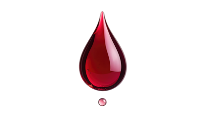 Vivid crimson liquid teardrop shimmers, suspended against a stark black backdrop, reflecting light in a mesmerizing display