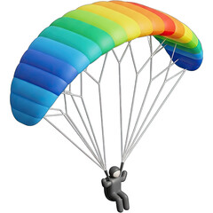 Colorful parachute with a person hanging below in mid air.