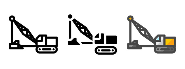 Multipurpose dragline excavator vector icon in outline, glyph, filled outline style. Three icon style variants in one pack.