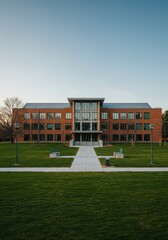 Modern academic facility standing amidst expansive, well-maintained green campus grounds, showcasing sustainable design and higher education environment ,architecture ,green ,sustainable
