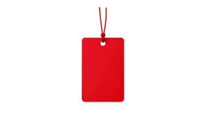 A red, rectangular tag hangs by a thin red string against a stark, pure black background, simple and minimal