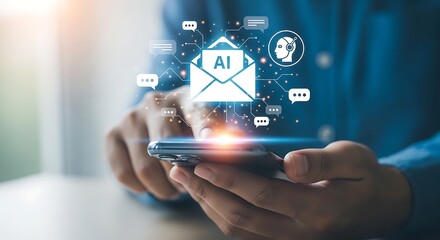 Illustration of man using ai email marketing automation on smartphone for business growth