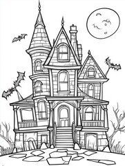 Haunted house with bats and huge moon, coloring page for Halloween