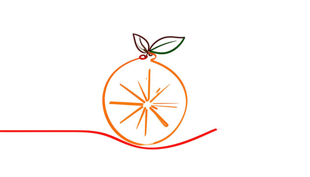 Stylized orange drawing with geometric starburst, outline and red line on black backdrop