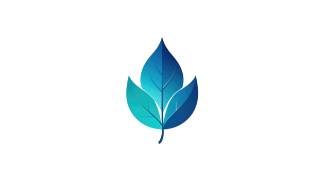 Gradient teal and blue leaves arranged elegantly with a central stem, isolated on a pure black background
