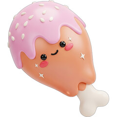 Cute Cartoon Chicken Leg with Pink Glaze and Kawaii Face.