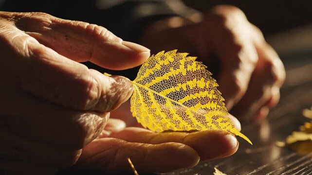 Close up of hand holding a delicate leaf skeleton with intricate vein structure and natural light