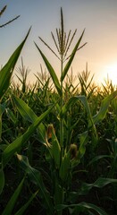 Fototapeta premium Lush green corn stalks growing in a fertile agricultural garden bathed in the warm, golden light of the setting sun at dusk ,golden ,nature ,peaceful
