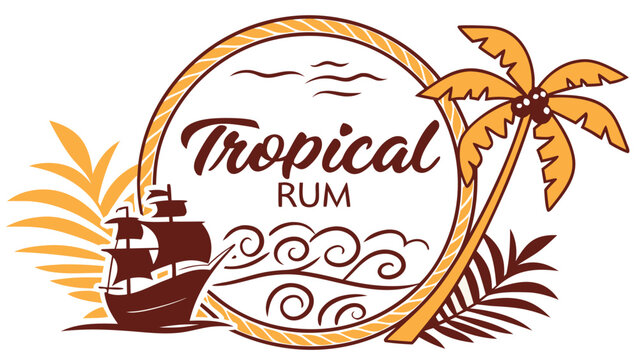 Tropical rum drink logo design with palm tree ship and ocean wave vector illustration for summer party 100