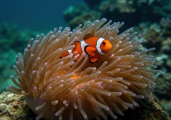 Vibrant orange clownfish resting peacefully within the protective, flowing tentacles of a colorful sea anemone on a tropical coral reef ecosystem ,reef ,marine life ,coexistence