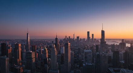 Fototapeta premium A breathtaking panoramic vista of towering skyscrapers defining a vast, modern metropolitan skyline at sunset ,view ,construction ,skyscraper