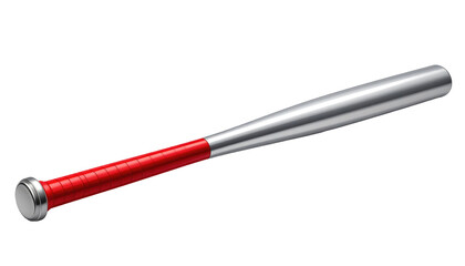 Angled view of a baseball bat featuring silver coloring and a red handle against a stark black background