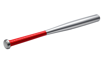 Angled view of a baseball bat featuring silver coloring and a red handle against a stark black background