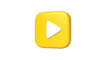 Yellow, rounded square containing black play button with white outline on a black background in a 3D render