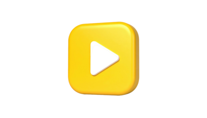 Yellow, rounded square containing black play button with white outline on a black background in a 3D render