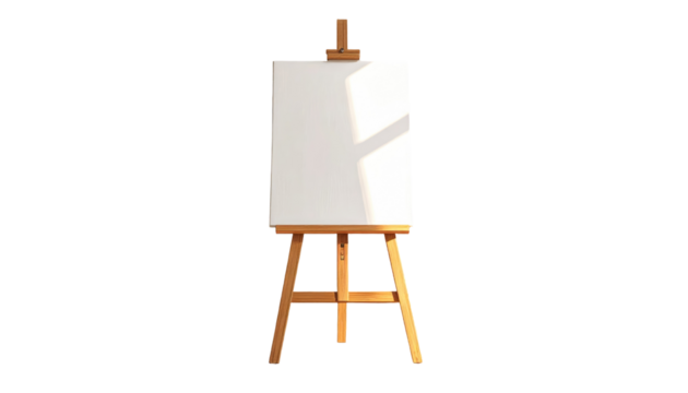 Wooden easel holds a blank canvas, with subtle sunlight on it against a black background