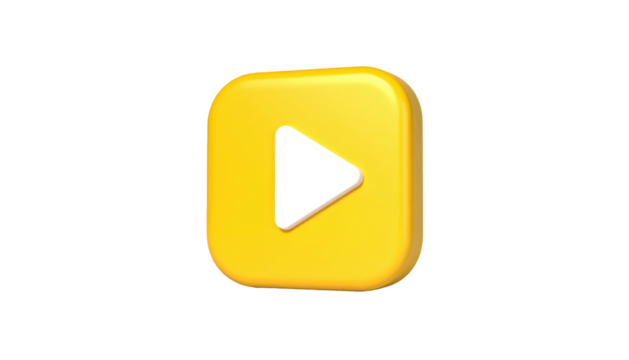Yellow, rounded square containing black play button with white outline on a black background in a 3D render