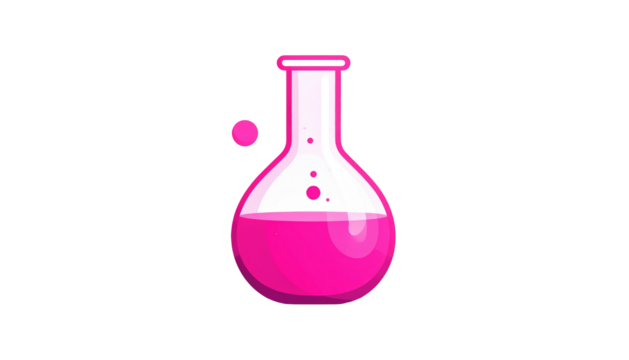 Pink liquid filled erlenmeyer flask against a black background, with a detached droplet