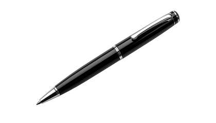 Sleek black pen angled against a solid black backdrop. Silver accents shine, highlighting the design's minimalist lines