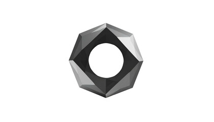 Fototapeta premium Metallic, faceted polygon with a central hole, radiating light and shadows against a stark black background