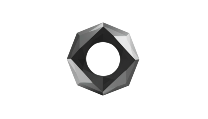Metallic, faceted polygon with a central hole, radiating light and shadows against a stark black background