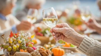 Senior Toasting Wine. Thanksgiving Holiday Dinner. Family