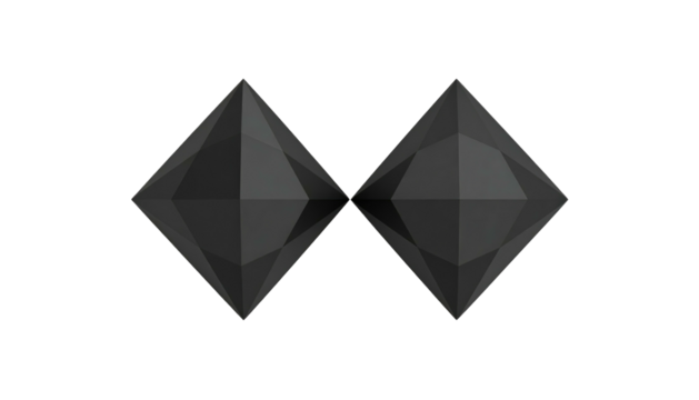 Symmetrical graphic of two dark, multifaceted diamond shapes joined point to point, center image on black background