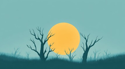 Spooky Halloween Landscape: Moon, Trees, Dark Forest