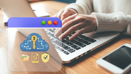 The digital security system interface displays user profiles, file folders, and a data protection shield dashboard,. Businessman manage personnel or customer  data security