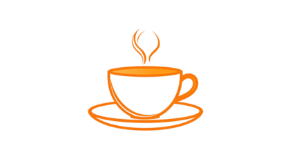 A stylized orange outline of a coffee cup with steam, centered on a black background, minimal and simple