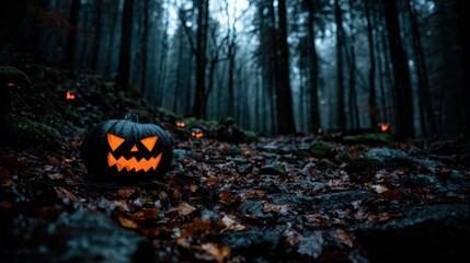 Spooky Halloween Pumpkin Forest, Dark, Scary, Night