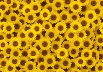 Seamless vibrant yellow and gold floral pattern composed of dense repeating stylized sunflower heads creating a warm background texture ,wallpaper ,seamless ,artistic
