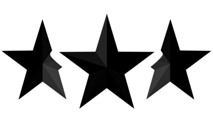 Three gray stars in a row on a black background, middle star largest, outer stars show angles in profile