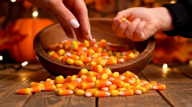 Hands reaching into wooden bowl filled with colorful candy corn on a rustic wooden table