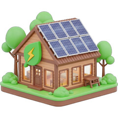 EcoFriendly House with Solar Panels and Green Energy Leaf Icon.