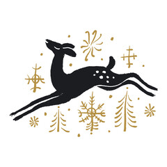 Fototapeta premium Festive folk reindeer baby fawn with golden snowflakes Scandinavian illustration, Christmas tree evergreen brunches and snowflakes. Hand drawn Nordic forest drawing. Perfect for t-shirt print