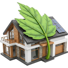 Ecofriendly house with solar panels and green leaf symbol.