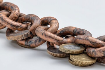 Close-up of a rusty chain intertwined with coins on a neutral background, symbolizing value