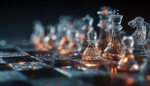 Digital chessboard with glowing pieces in virtual space. Symbol of strategy, decision making, artificial intelligence, and data analysis