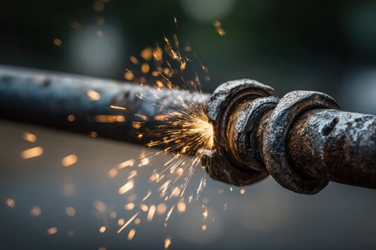Close-up of a rusty metal pipe joint emitting sparks during maintenance work outdoors