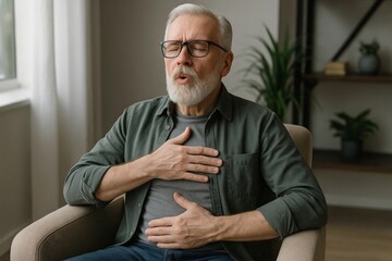 Elderly man sitting indoors holding chest and stomach, appearing to breathe deeply, possibly due to discomfort or shortness of breath.